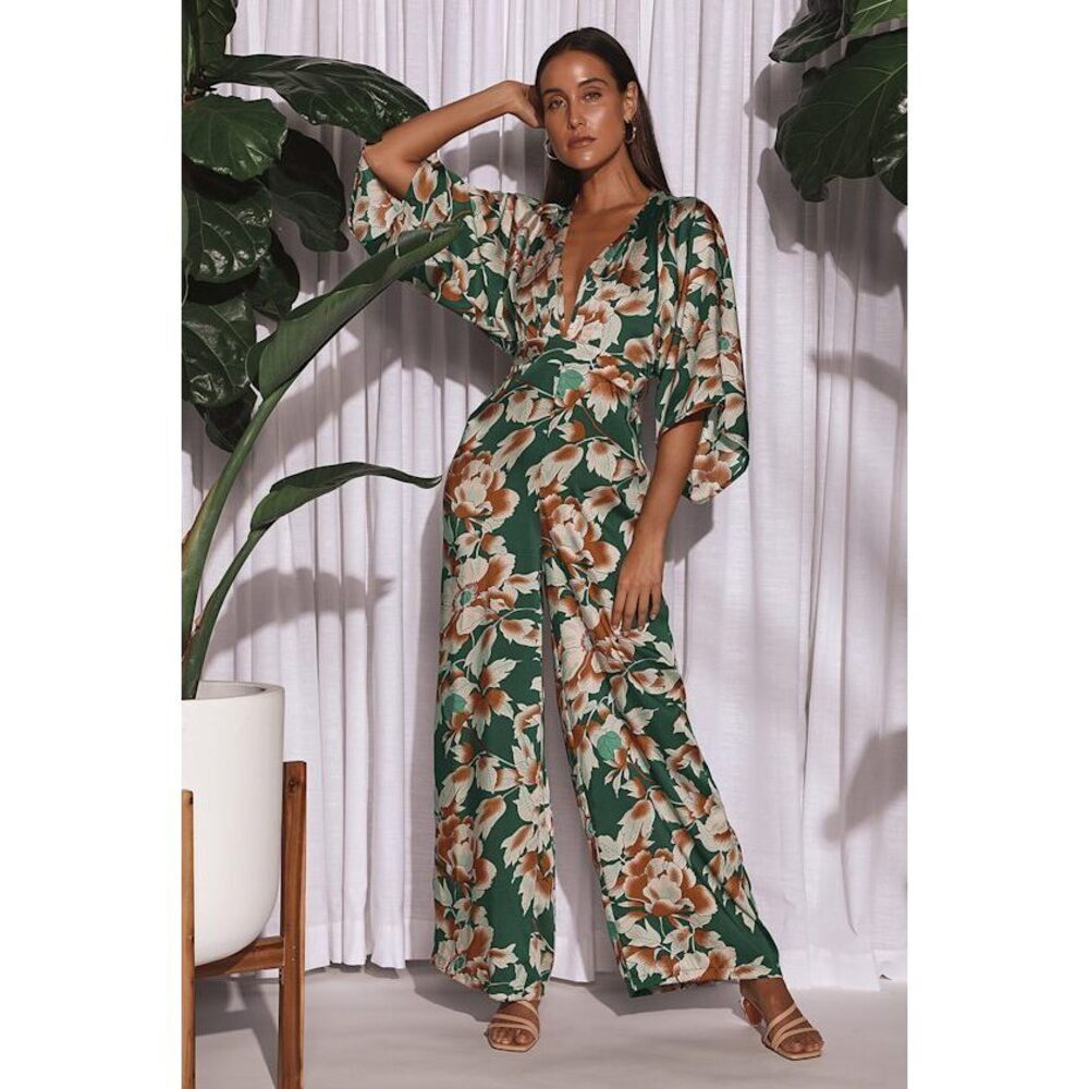Lulus From Sunrise Teal Floral Print Bell Sleeve Wide-leg Jumpsuit Green